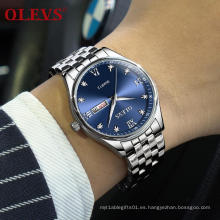 Reloj de pulsera de estilo empresarial a la moda de marca OLEVS, reloj de pulsera de acero inoxidable con núcleo de cuarzo resistente al agua, doble calendario, relojes para hombre